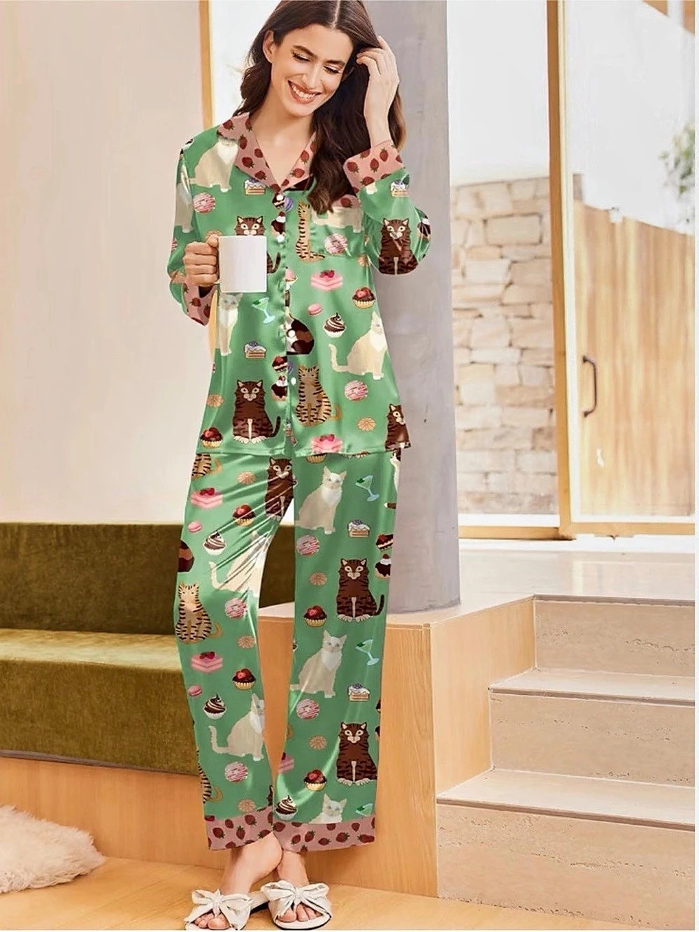 NWT~ Cat & Dessert Print 2PC Pajama Set Green & Pink yummy strawberries Ladies L